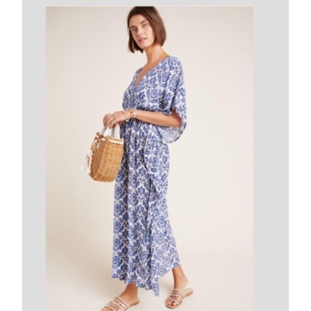 Rujuta Sheth Dress Marie Cinch Kaftan Blue Lotus Print Maxi Anthropologie M/L